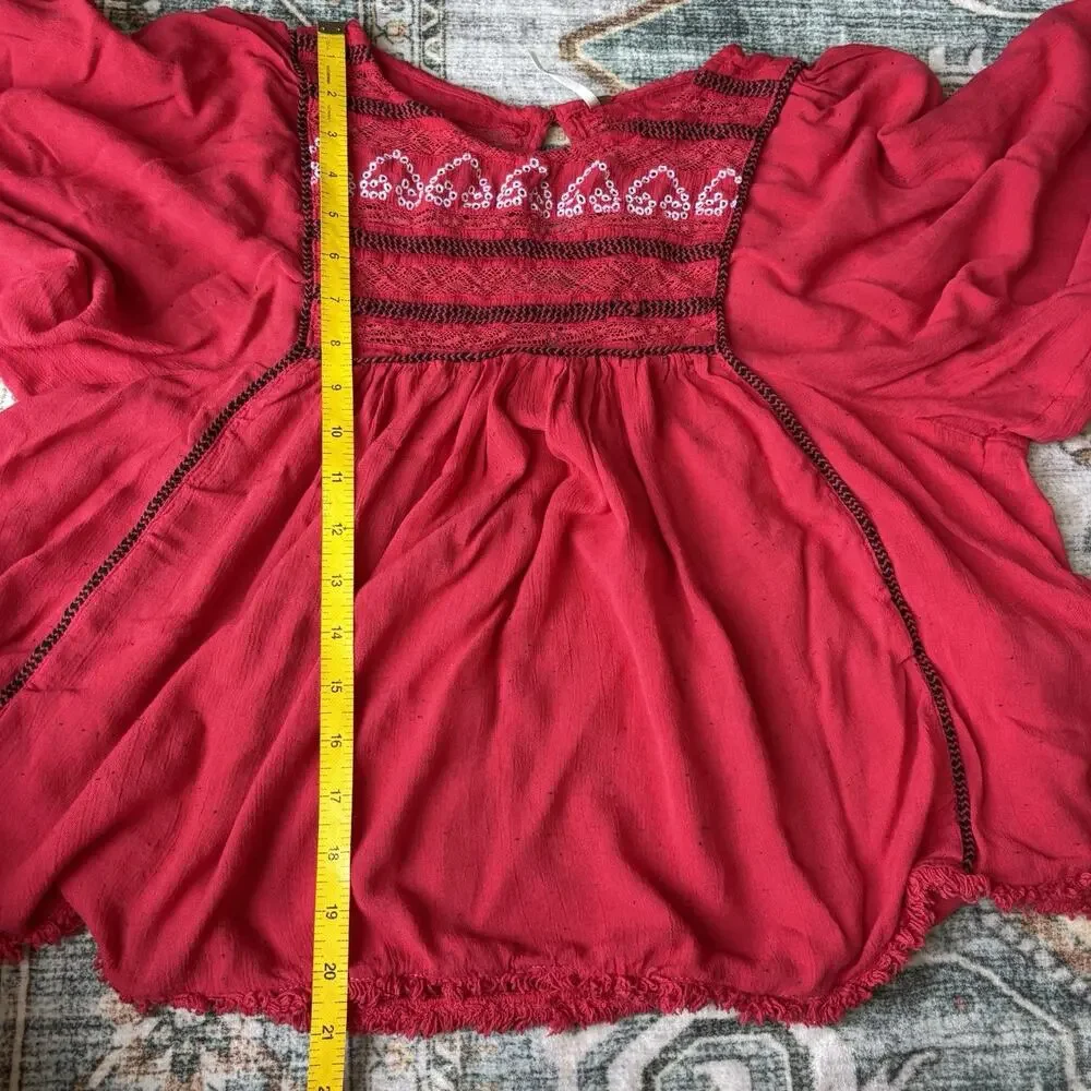 Free People Cyprus Avenue Embroidery Red Boho Long Sleeve Top Sz Large